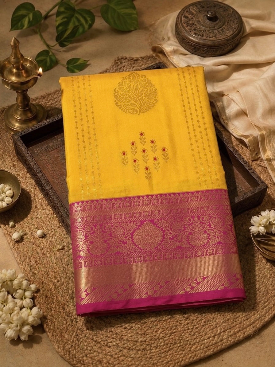 Semi silk yellow and pink saree
