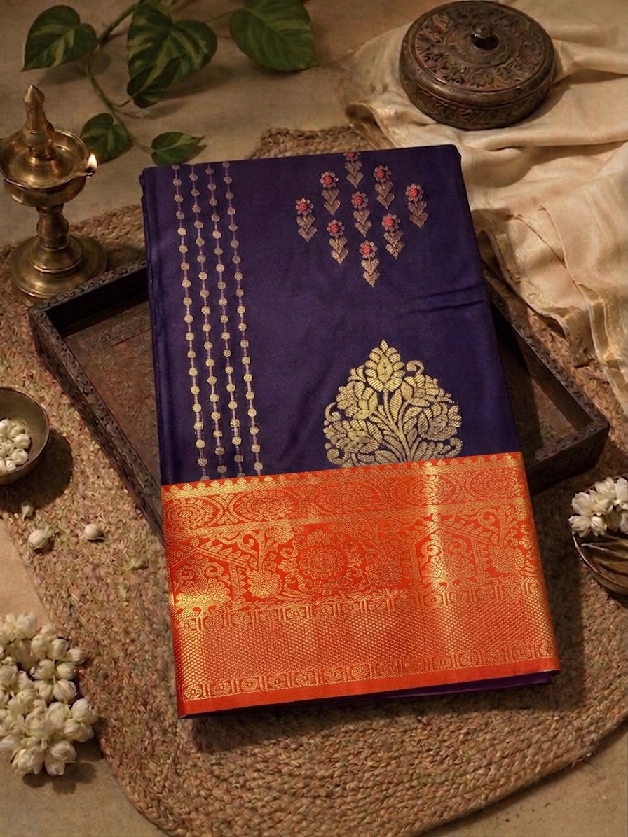 Semi silk blue and orange saree