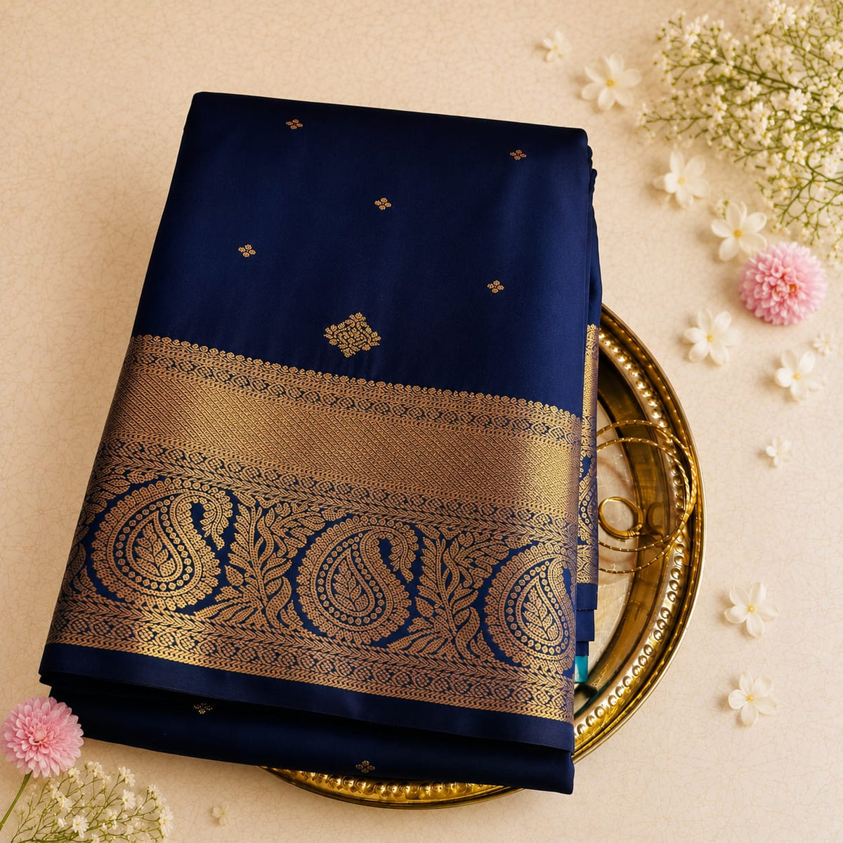 Semi silk blue and gold saree