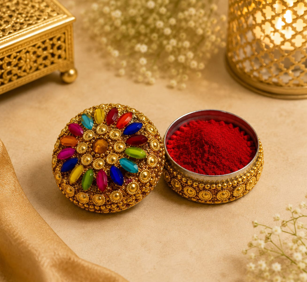 Gold toned multicolour mini Kumkum Box (Set of 2)