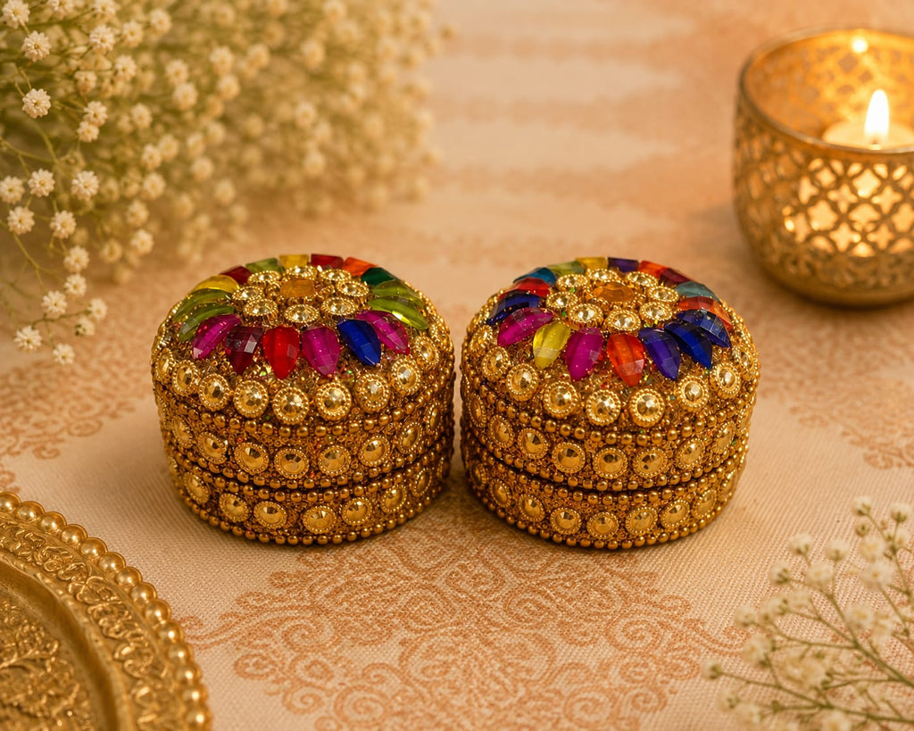 Gold toned multicolour mini Kumkum Box (Set of 2)