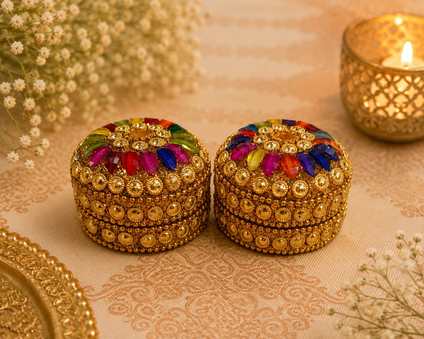 Gold toned multicolour mini Kumkum Box (Set of 2)